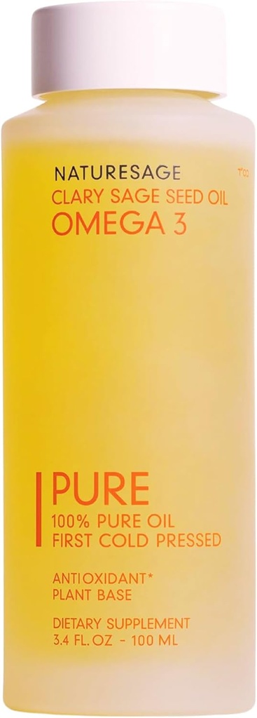 Pure Vegan Liquid Omega 3 Oil, Plant-Based Alternative to Omega 3 Fish Oil, 3.4 fl. oz. – Cold Pressed from Clary Sage Seed – Kosher - Omega 3 Fatty Acid Supplement with Antioxidants