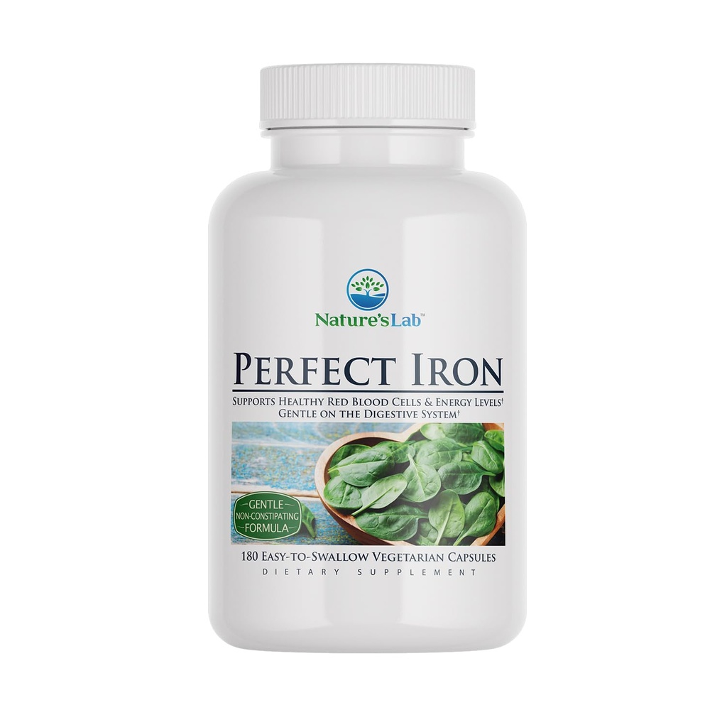 Nature's Lab Perfect Iron 25mg Dietary Supplement - Gentle Non-Constipating Formula - Supports Healthy Red Blood Cells & Energy Levels - 180 Capsules (6 Month Supply)