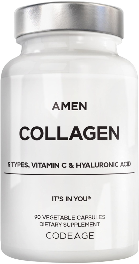 Amen Multi Collagen Peptides Capsules with Hyaluronic Acid and Vitamin C - 5 Types of Collagen Protein Type I, II, III, V, X - Grass Fed Hydrolyzed - 18 Amino Acids - Collagen Supplement - 90 Pills
