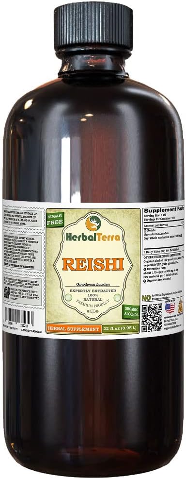 Reishi Mushroom (Ganoderma Lucidum) Tincture, Organic Dried Mushrooms Liquid Extract (Brand Name: HerbalTerra, Proudly Made in USA) 32 fl.oz (0.95 l)