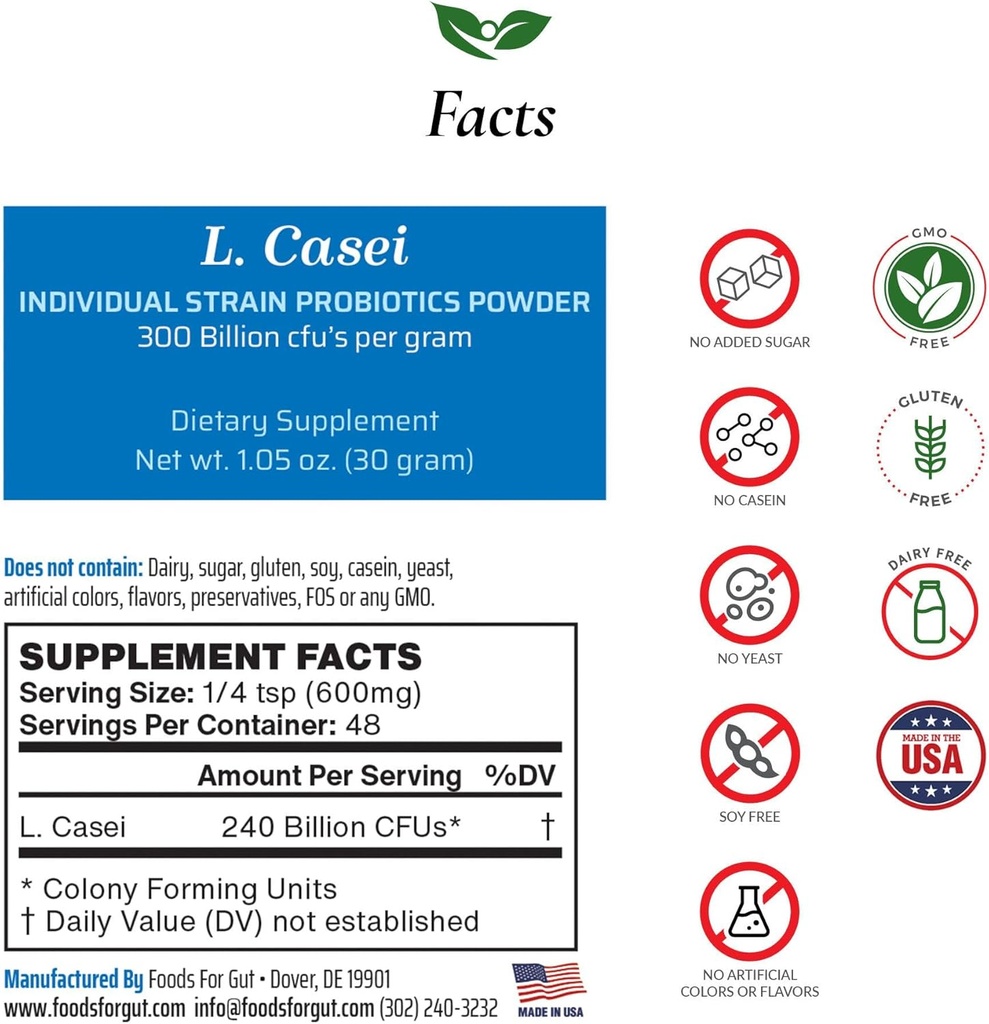 Foods For Gut Lactobacillus Casei Probiotic Powder 300 Billion cfu's | Made in USA | No Additives | Direct from Manufacturer | No Third-Party Storage | Immune Support | L. Casei | 30 Grams (1.05 Oz)