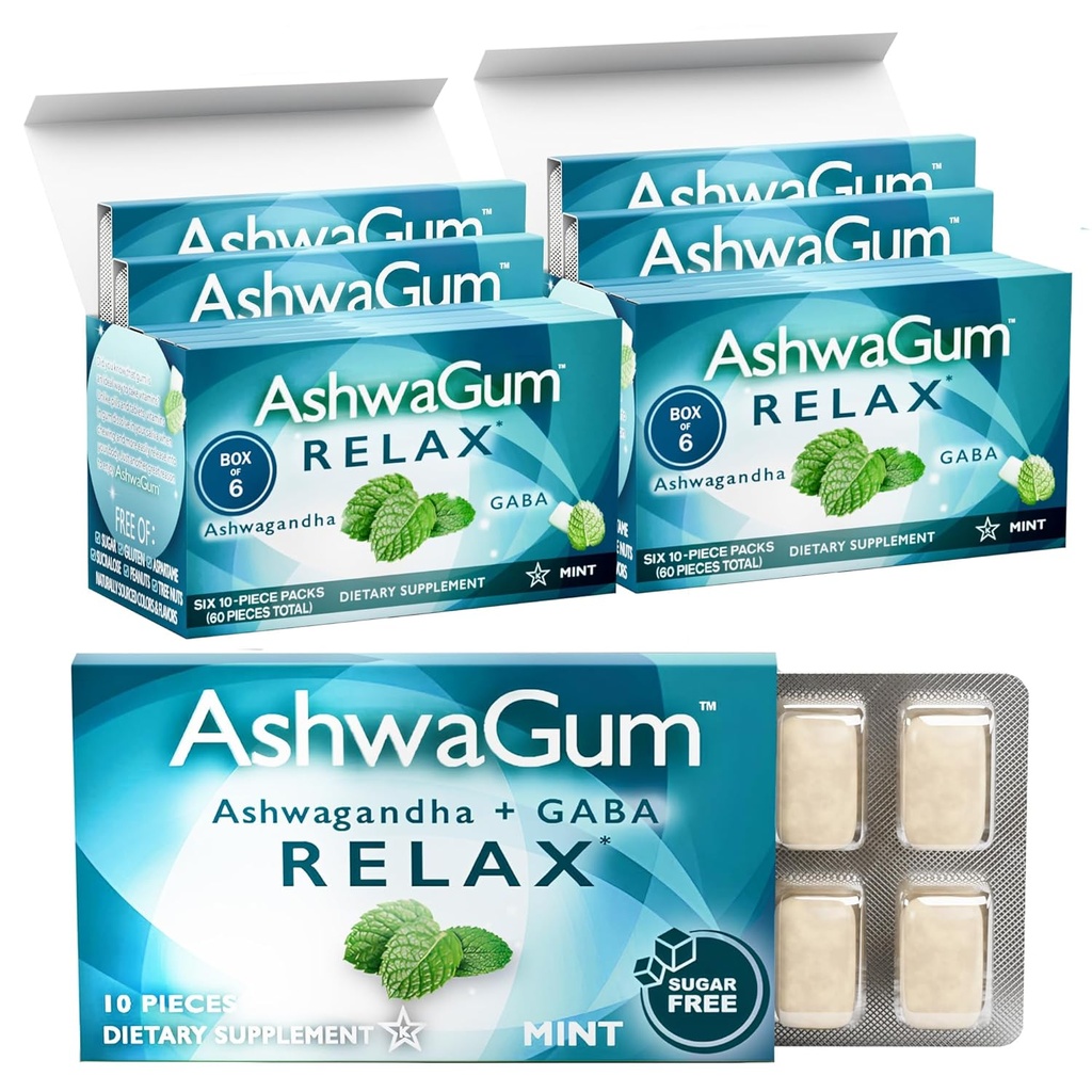 AshwaGum RELAX Gum by BetterGum, High Potency Supplement with KSM 66 Ashwagandha and Gaba, Supports Stress and Tension Relief, Alternative to Gummies, Sugar-Free, Pack of 2