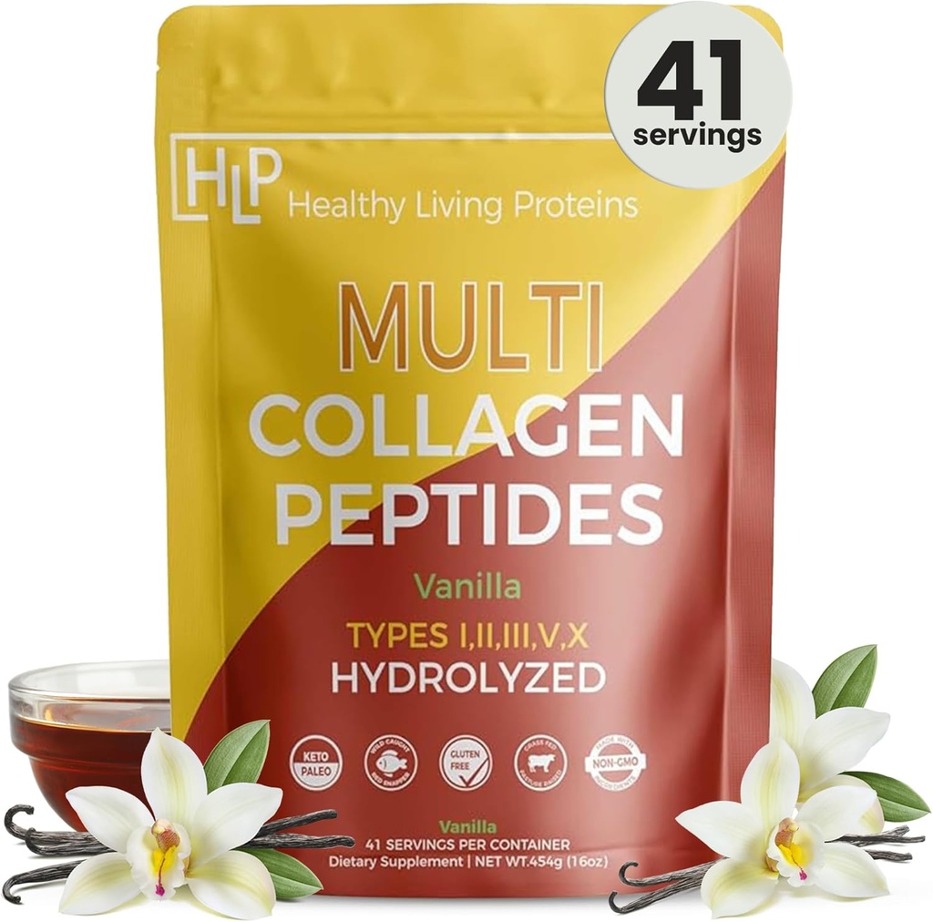 Healthy Living Proteins - Hydrolyzed Multi Collagen Peptides Powder Types I, II, III, V & X - Grass Fed Bovine, Wild Caught Marine, Free Range Chicken - Gluten Free (Vanilla, 16 oz)