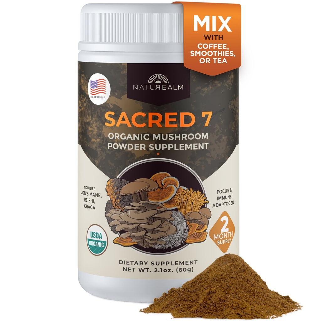 Naturealm Sacred 7 Organic Mushroom Powder Supplement | 60-Day Supply | 7-in-1 Blend with Lions Mane, Reishi, Chaga | Brain & Immune Support | 100% Fruiting Bodies for Coffee & Smoothies