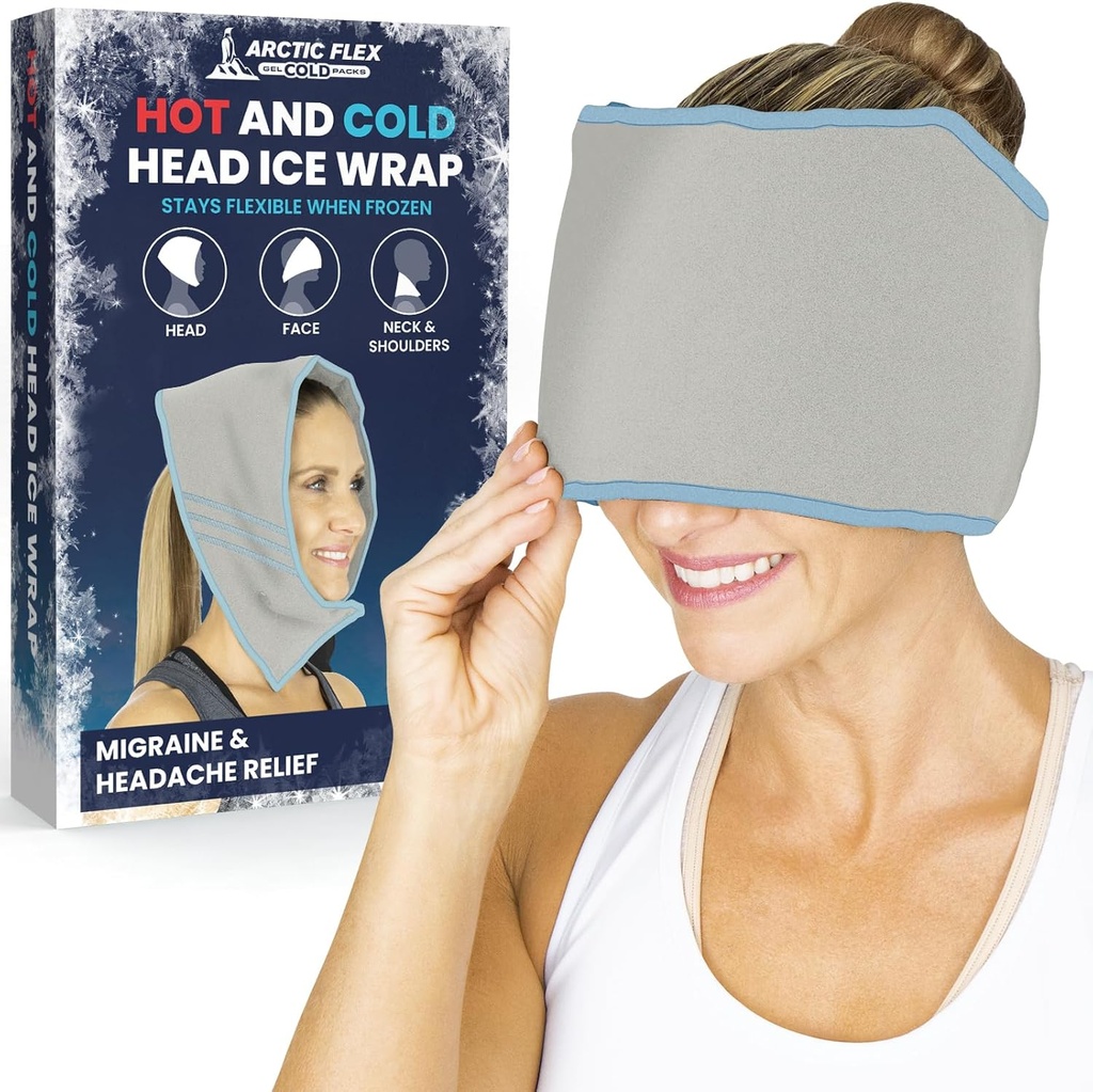 Arctic Flex Migraine Headache Relief Ice Head Wrap - Headaches Ice Pack Cap - Flexible Cold & Hot Gel Hat Eye Mask for Injuries to Neck, Shoulder Tension Pain - Freeze, Heat Therapy - Kid, Men, Women
