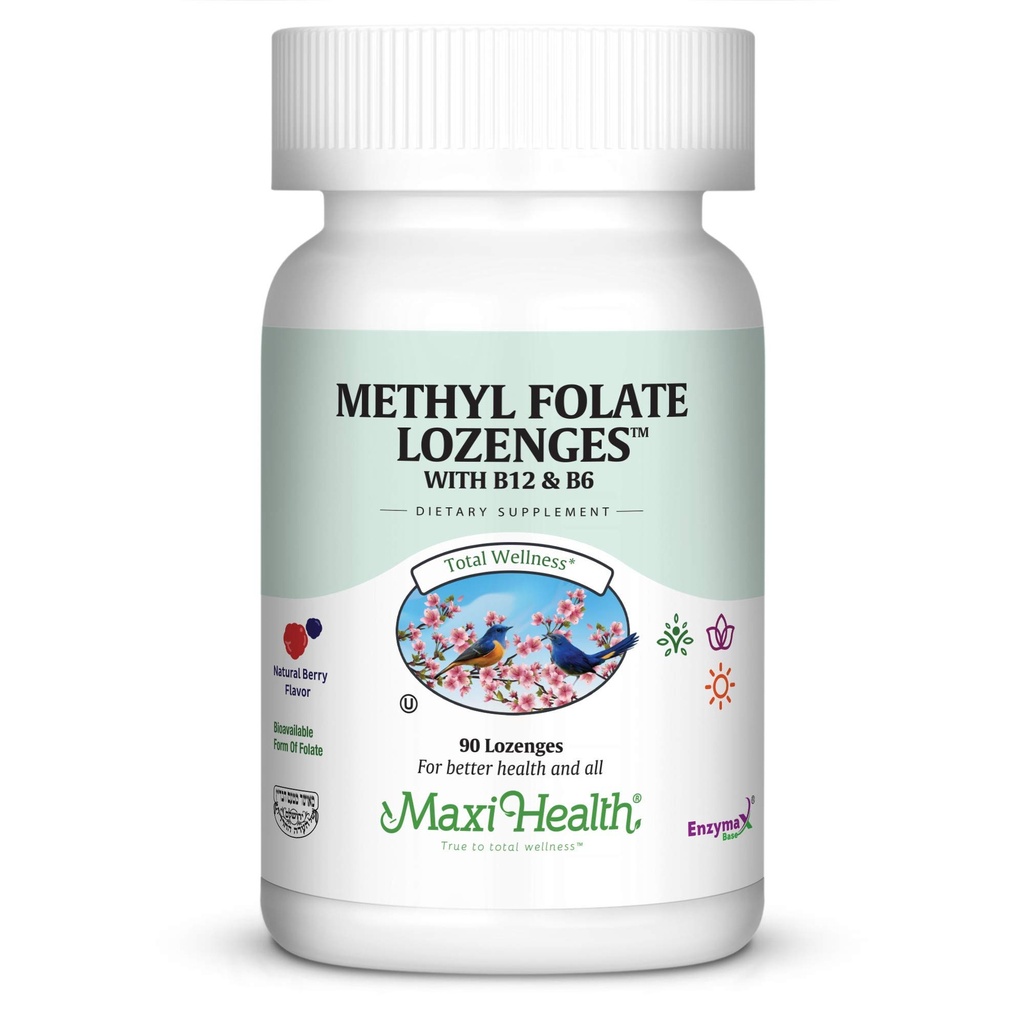 Maxi Health Methyl Folate Lozenges with B12 & B6, Flavored Memory, Cardiovascular Health Hormone & Immune Support Gluten Free, Kosher Berry, 90 Count