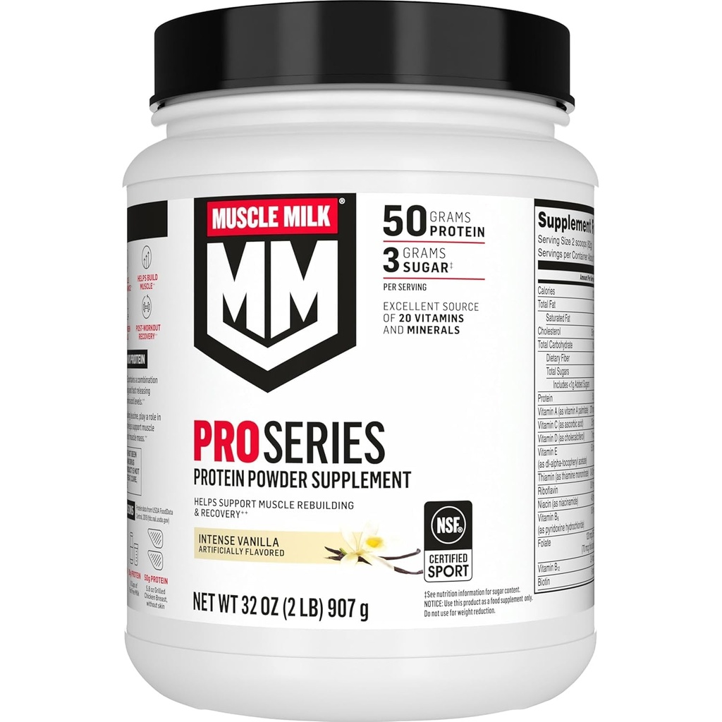 Muscle Milk Pro Series Protein Powder Supplement, Intense Vanilla, 2 Pound, 11 Servings, 50g Protein, 3g Sugar, 20 Vitamins & Minerals, NSF Certified for Sport, Workout Recovery, Packaging May Vary