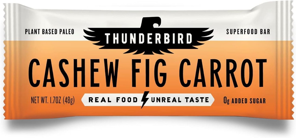 Thunderbird Bars Energy Snack, Gluten-Free with Protein, Healthy Real Food, Vegan Paleo Non-GMO, No Added Sugar, Cashew Fig Carrot Flavor (12 Count, 1.7 oz. Bars)