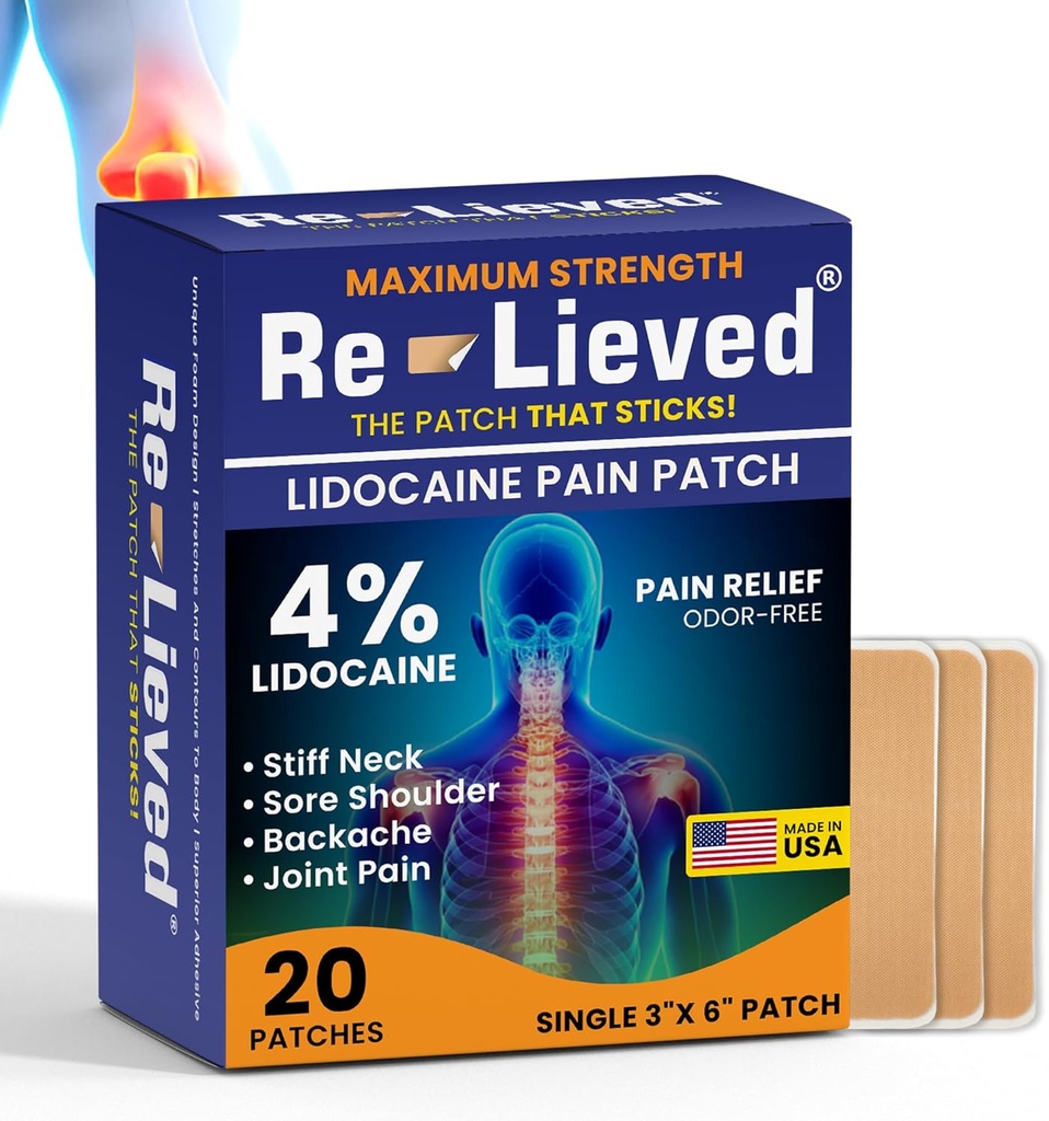 Re-Lieved 4% Lidocaine Patches Maximum Strength - Aluminum-Free, Water Resistant and USA Made -Superior Sticking Pain Relief Patches Quickly Relieves Back, Joints and Muscle Pain-3x6 Inches (20 Count)
