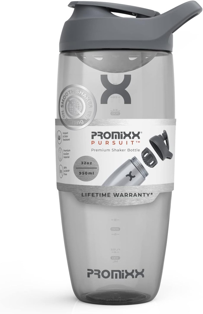 Promixx Pursuit Protein Shaker Bottle (32 oz) – Silent No-Ball Mixer, Leak-Proof Lid, BPA/BPS & Phthalate-Free ECOZEN – Easy-Clean Shaker Cup for Protein Shakes, Pre & Post-Workout Smoothies