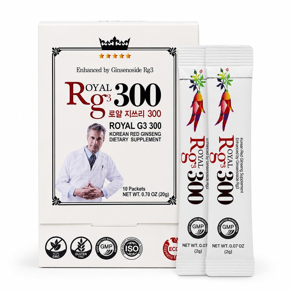 Royal G3 300 Korean Red Panax Ginseng Extract Powder - 300x Enhanced Formula with 50mg Rg3/Packet – High Absorption Energy & Immune Defense Support - 10 Packets