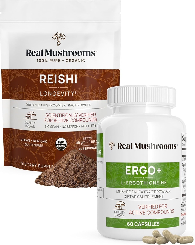 Real Mushrooms Ergothioneine (60ct) and Reishi Organic Powder (45 Servings) Bundle with Shiitake and Oyster Mushroom Extracts - Longevity and Relaxation -Vegan, Gluten Free, Non-GMO