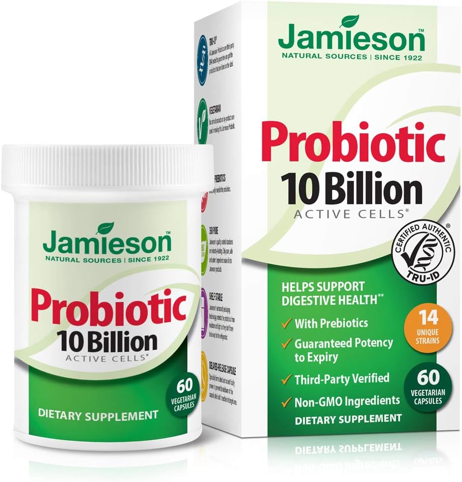 Jamieson Probiotics 10 Billion - Daily Probiotic Supplement for Digestion, Restore Gut Health, and Immune System Support - Probiotics for Women and Men (60 Count).