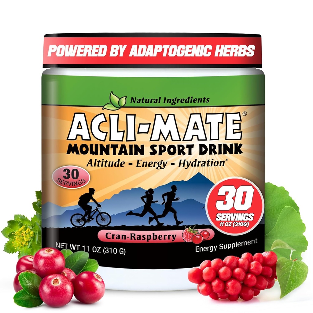 Acli-Mate Mountain Sport Drink Mix - High Altitude Acclimatization Electrolytes Powder - Energy Powder Mix - Recovery Hydration Drink for Running, Hiking, Cycling, Travel & More (1 Tub, CranRaspberry)