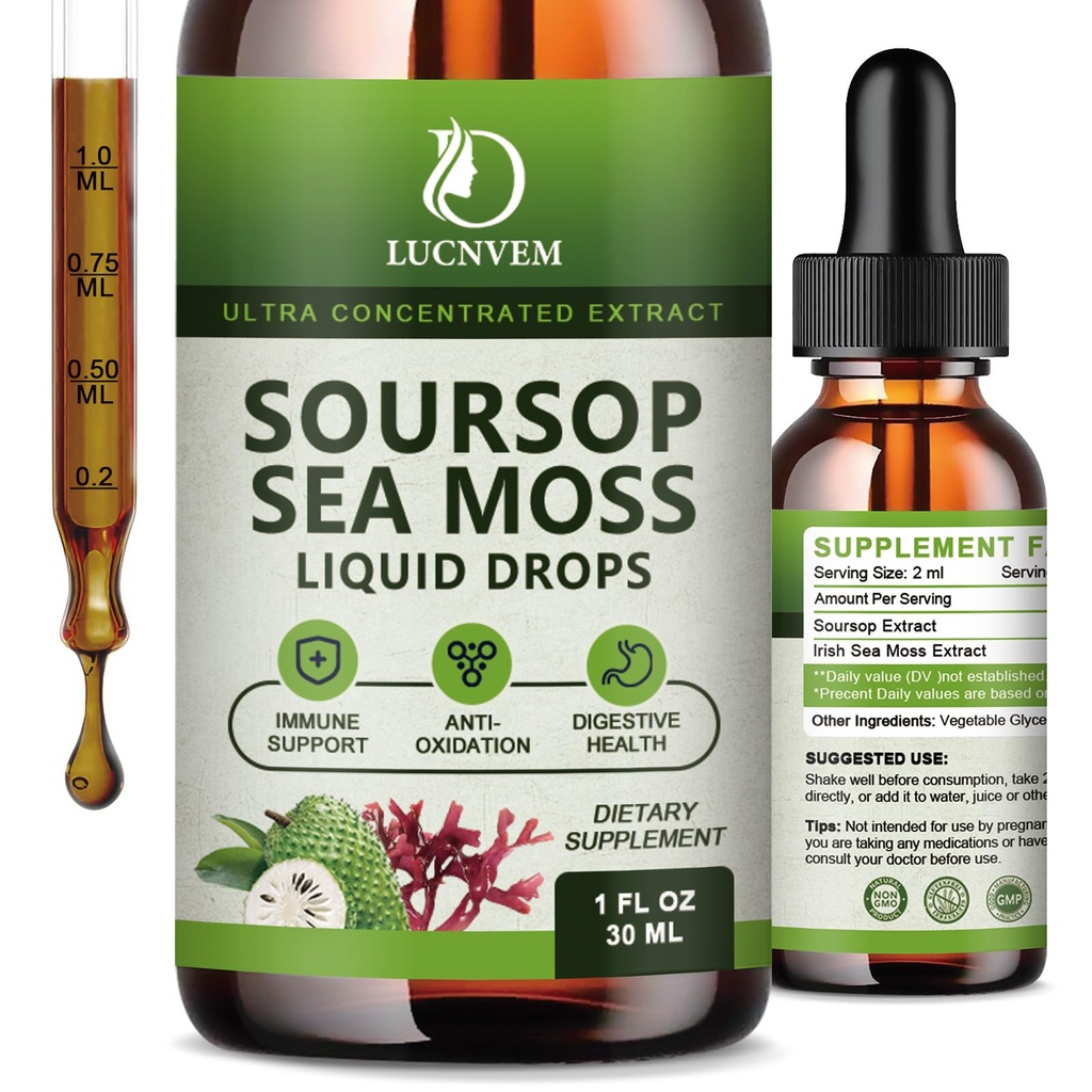 LUCNVEM (2 Pack) Soursop Graviola with Sea Moss Liquid Drops, Soursop Bitters Liquid Rich in Multivitamin for Natural Antioxidant, Immune Boost, Cell Support & Regeneration, Pineapple Flavor