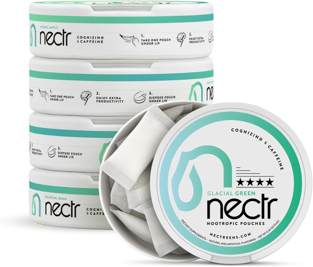 Nectr Energy Nootropic Pouches – Glacial Green Wintergreen Caffeine Pouches with Cognizin® Citicoline. Sugar-Free Brain Treats. Smooth, Sustained Focus & Energy Supplement - 5 Pucks of 16pcs