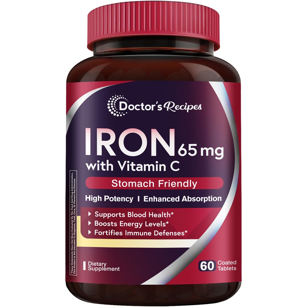 Doctor's Recipes Iron Supplement 65 mg with Vitamin C - Maximized Absorption & Stomach Friendly Iron Pills for Red Blood Cells Formation, Heart, Brain & Immunity Health - Vegan Non-GMO 60 Iron Tablets