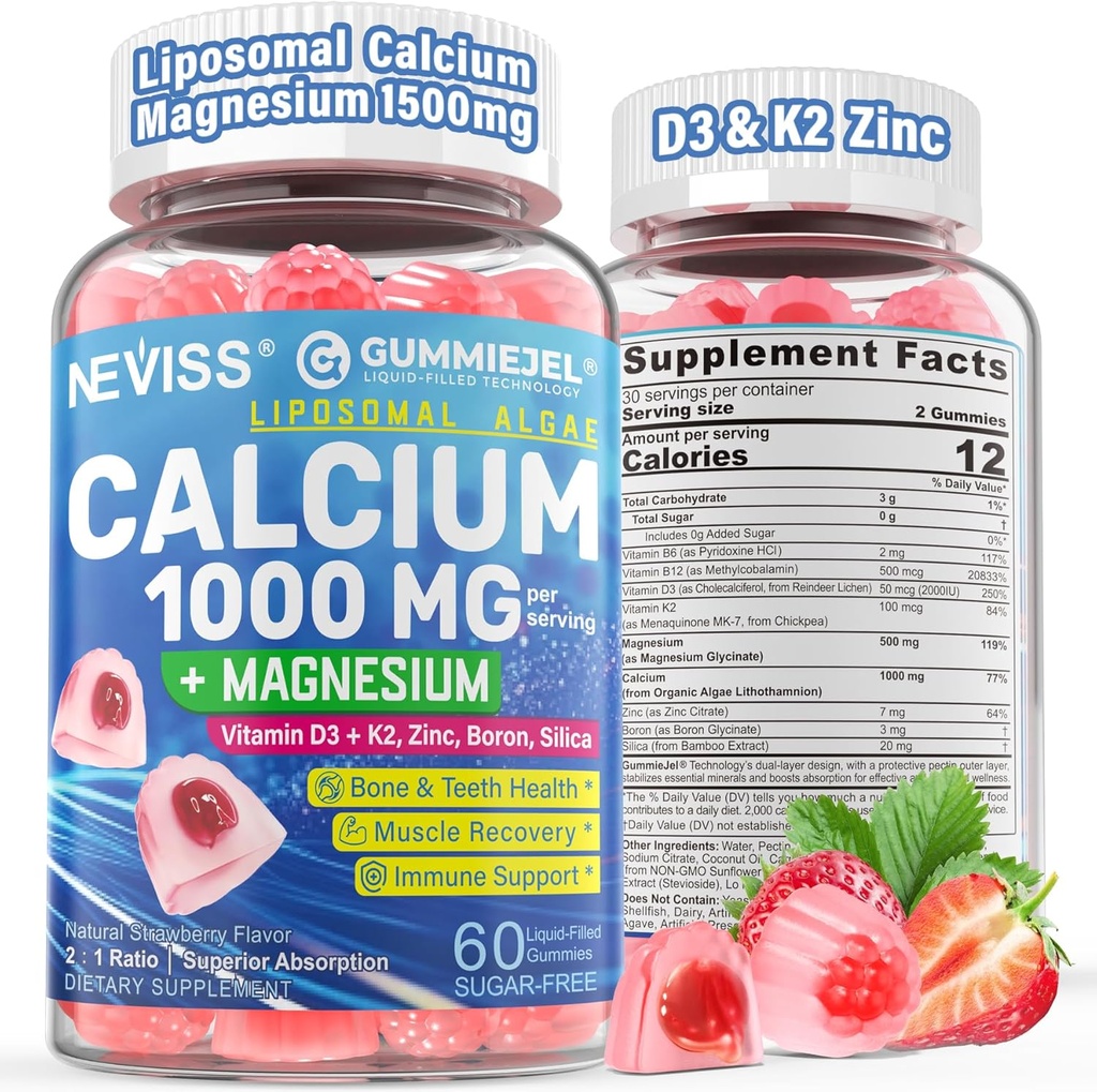 Calcium Supplements for Women, Men - Liposomal Calcium 1000mg With Vitamin D3 K2, Magnesium Glycinate, Zinc, Boron, Silica for Bone Health - Sugar Free Calcium Magnesium Zinc Gummies, Vegan, 60 Count
