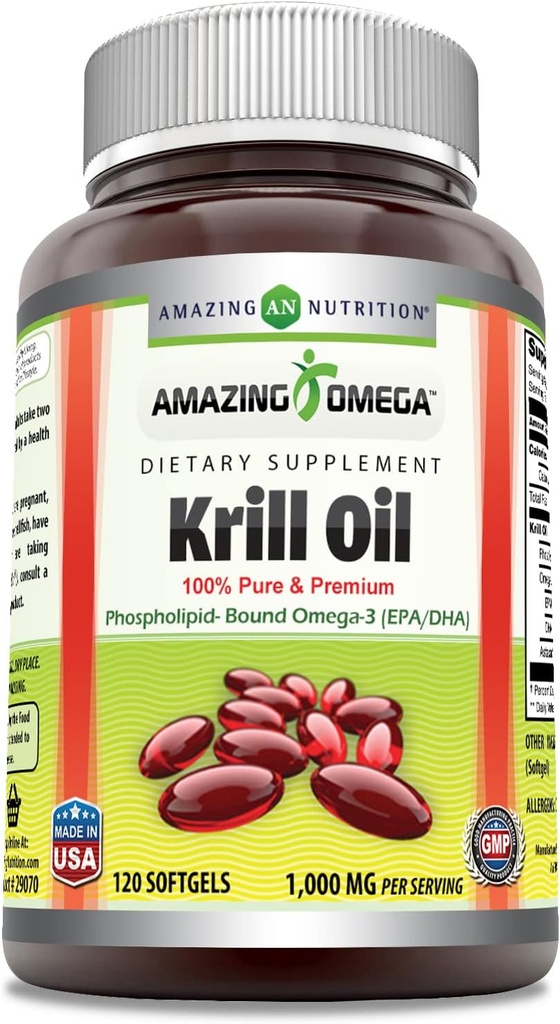 Amazing Omega Krill Oil with Omega 3s EPA, DHA, Phospholipids and Astaxanthin 1000 Mg per Serving 120 softgels Supplement | Non-GMO | Gluten Free
