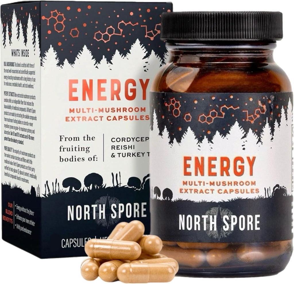 Organic ‘Energy’ Mushroom Extract Capsule Supplement | Stamina & Endurance | Cordyceps, Reishi, Turkey Tail | 100% Fruiting Body Extracts | Vegan, Non-GMO | Made in USA - 120ct