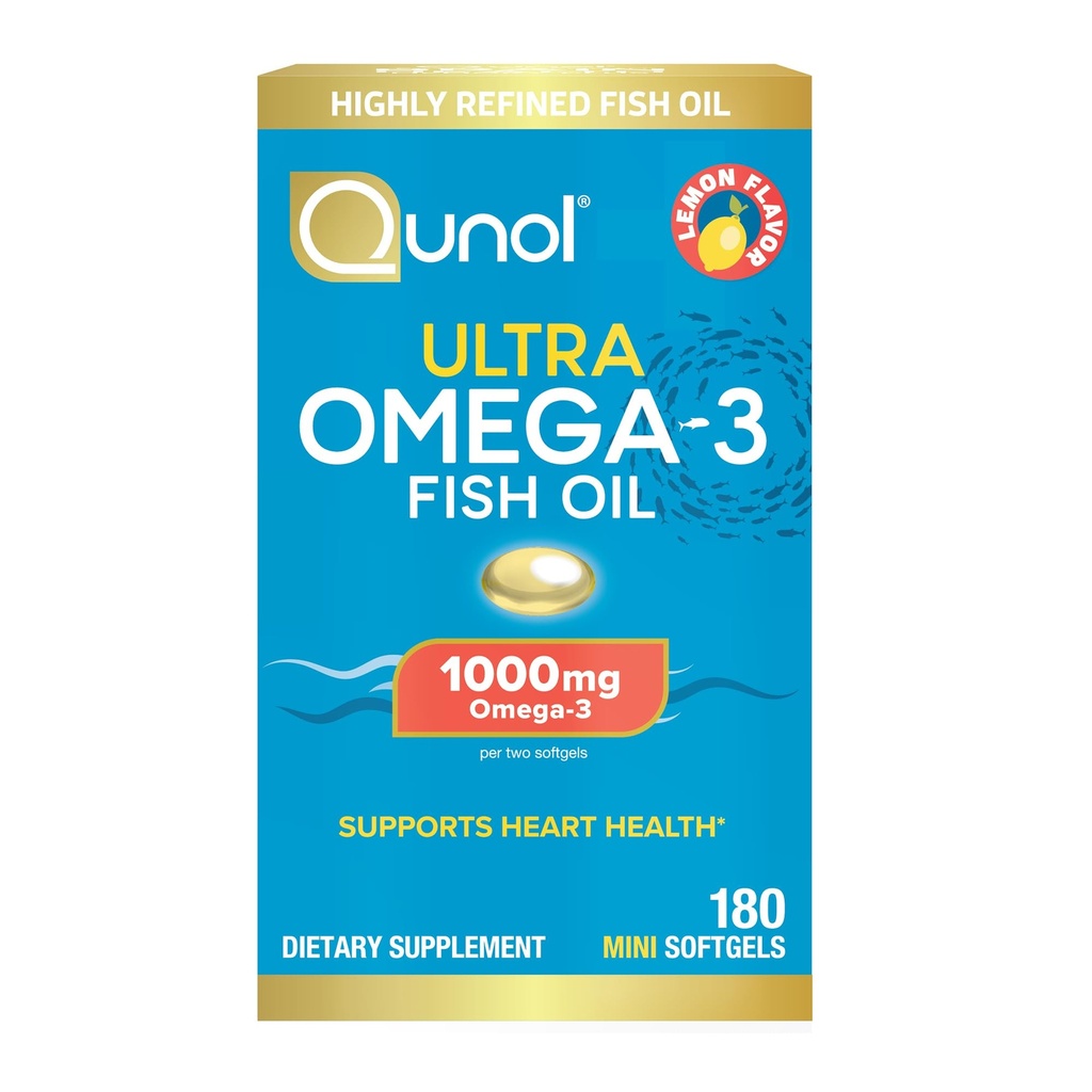 Qunol Fish Oil Omega 3 Mini Softgels, 1000mg Omega 3 EPA + DHA, Ultra Pure Supplements, Heart Health Support, Lemon Flavor, Easy to Swallow Minis, 3 Month Supply, 180 Count