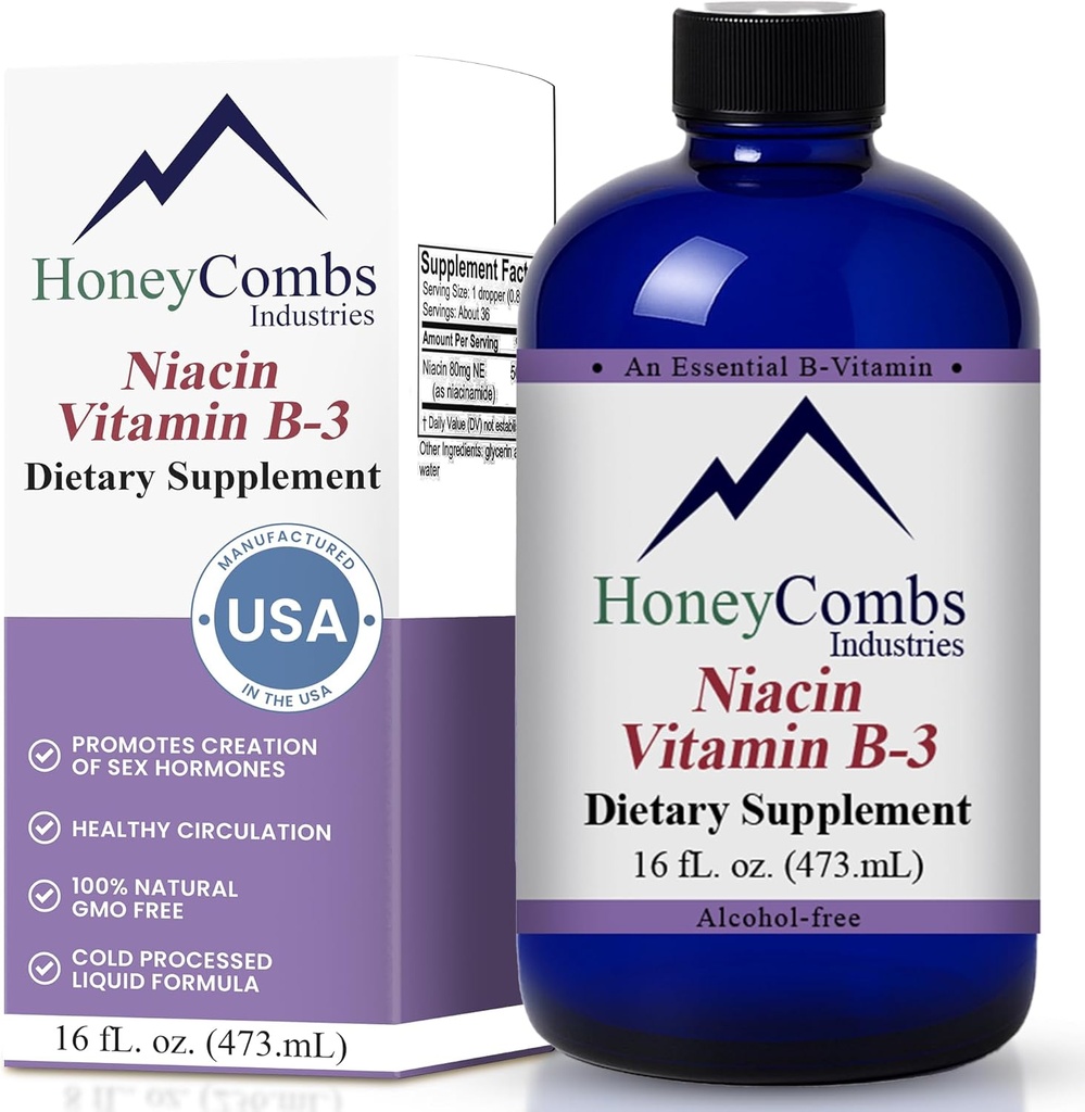 HoneyCombs Vitamin B3 Niacin Supplement Liquid Drops - High Potency Vitamin B3 Liquid Drops for Men & Women - Maintain Digestive System, Skin, Tongue, Energy and More - Vegan Niacin Drop (16 Fl oz)