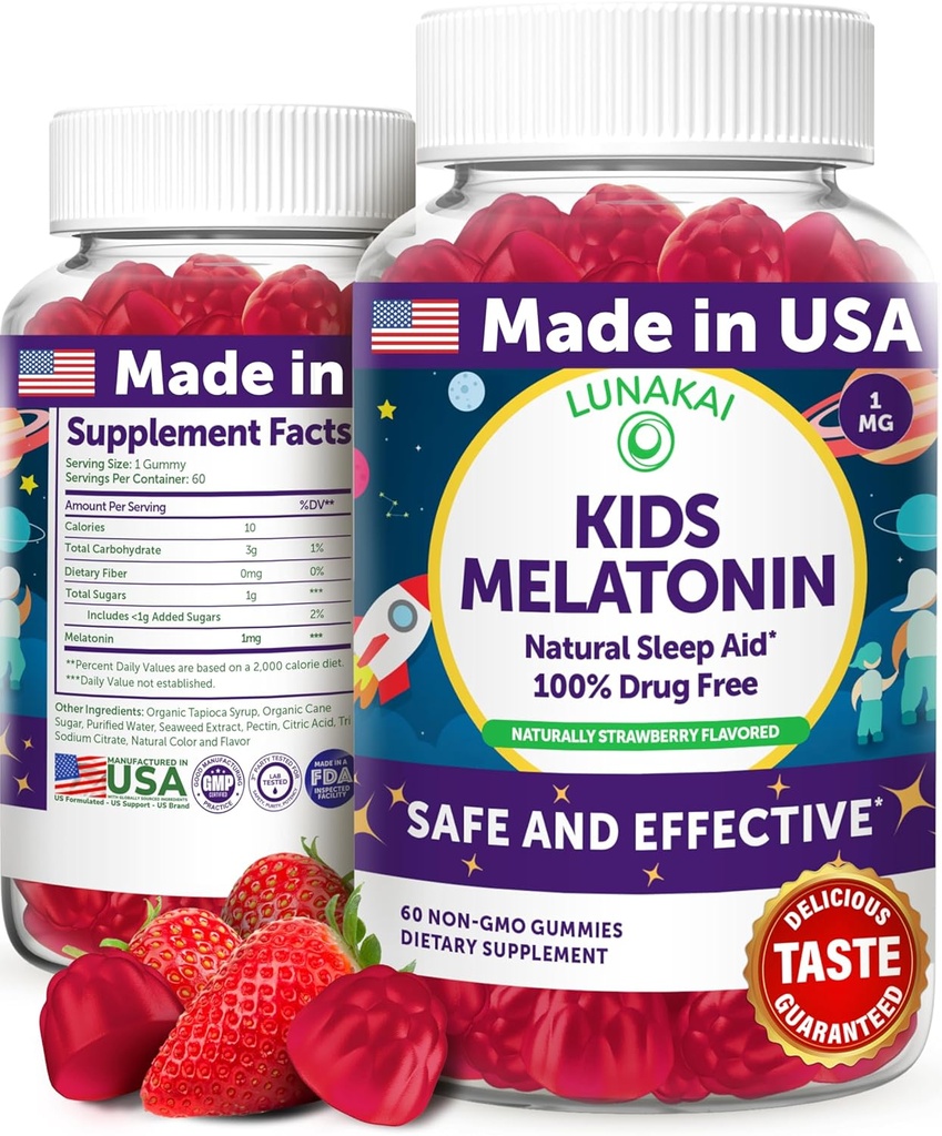 Lunakai USA Made Kids Melatonin Gummies 1mg - Safe & Natural Sleep Aid for Children 2+ - Non-GMO, Vegan, Gluten-Free - 60 Count