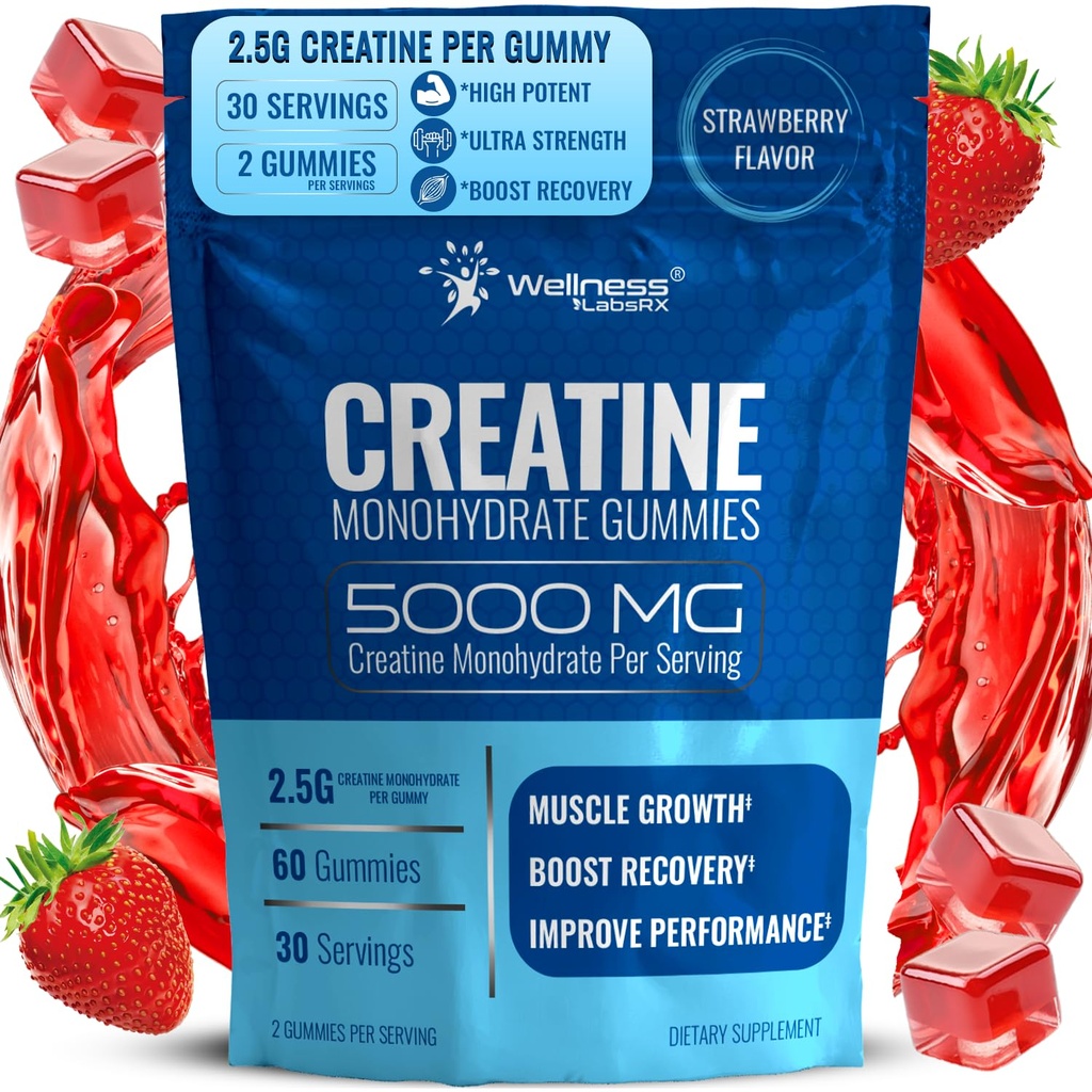 WELLNESS LABSRX Creatine Gummies 5000mg, 30 Servings Creatine Monohydrate Gummies, Strawberry Flavor Creatine for Men - Pack of 2