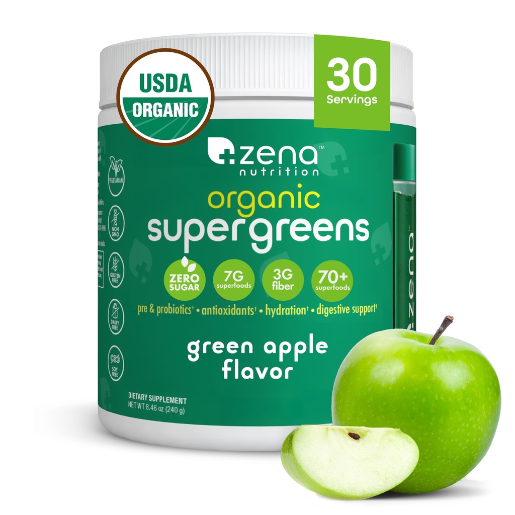 Zena Nutrition Organic Super Greens Powder, 70+ Superfoods, 0 Sugar, 3G Fiber, Spirulina, Chlorella, Mushrooms, Prebiotics/Probiotics, Digestive Enzymes for Gut Health, Green Apple, 30 Servings