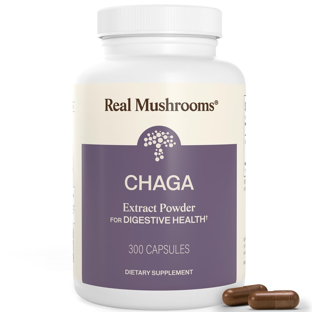 Real Mushrooms Chaga Mushroom Capsules – Organic Chaga Extract Powder with Extract Powder for Wellness & Energy Support– Vegan, Non-GMO, 300 Capsules – Organic Mushroom Supplement