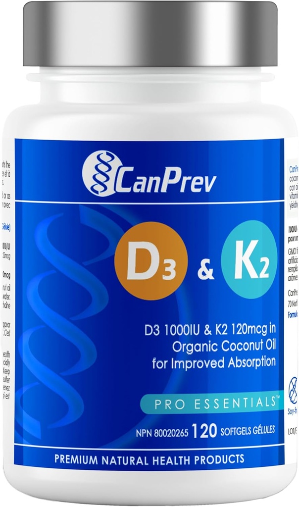 CanPrev D3 & K2 Vitamins 120 Softgels, 120-Day Supply, 1000IU Vitamin D3 & 120mcg K2, Supports Strong Bones, Teeth & Heart Wellness, Easy-to-Absorb with Organic Coconut Oil, No GMO, Gluten, Soy, Dairy