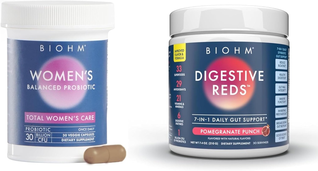 BIOHM Women's Probiotics 30B CFU & 210 oz Essential Digestive Reds Powder Bundle, Comprehensive Gut & Vaginal Health Support, Rich in Antioxidants, Enzymes, Vitamins