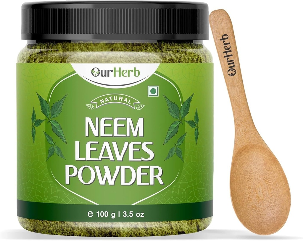 Neem Leaves Powder Natural Solution for Pimple-Free Clear Skin & Silky Hair, Ideal for Face Packs, Hair Care, and Pigmentation Support with Wooden Spoon – 100g | 3.5 Oz