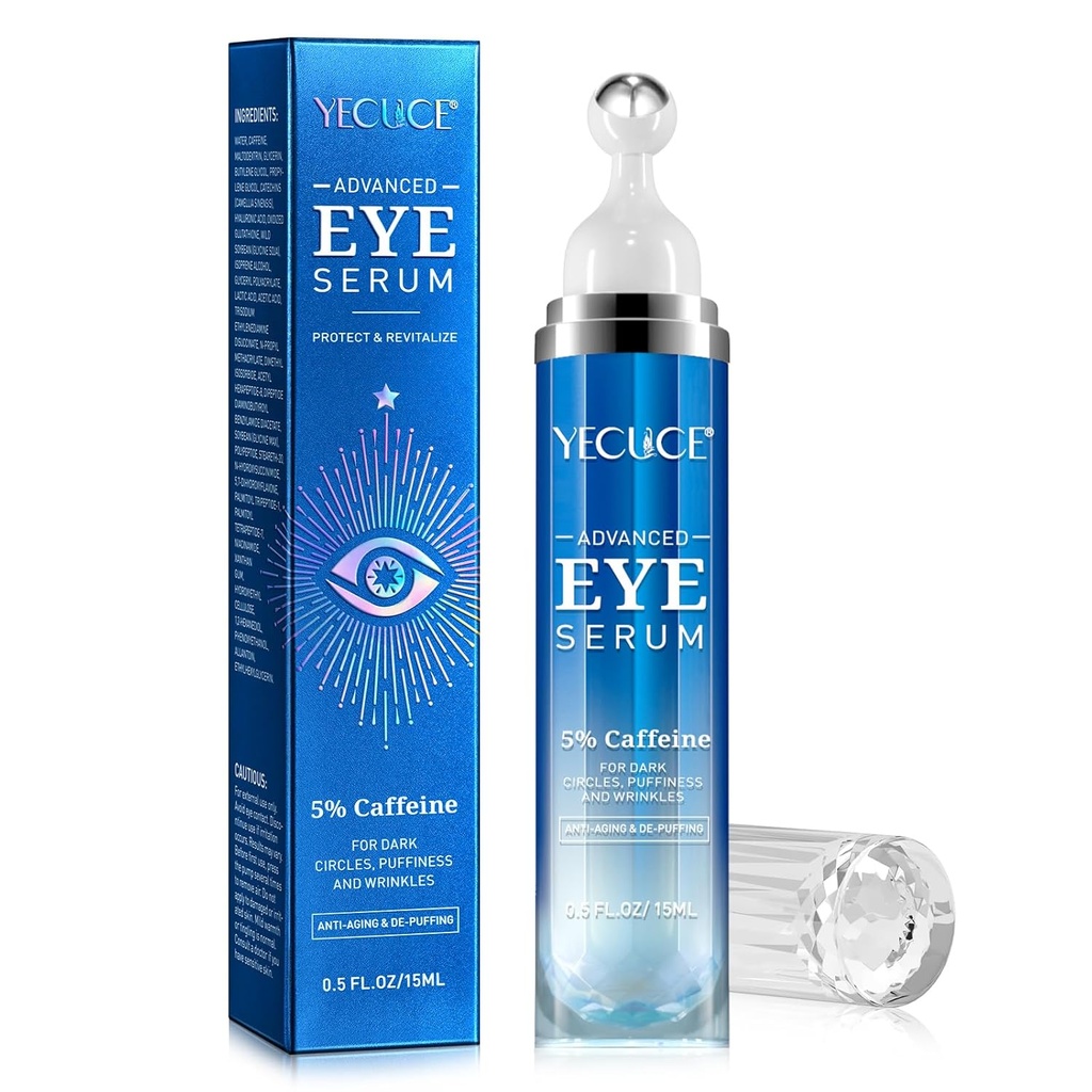 5% Caffeine Peptide Eye Serum, Under Eye Roller Cream for Dark Circles, Puffiness, Bags Under Eyes - 360° Massage Ball Cream for Wrinkles, Fine Lines and Firming (Blue)