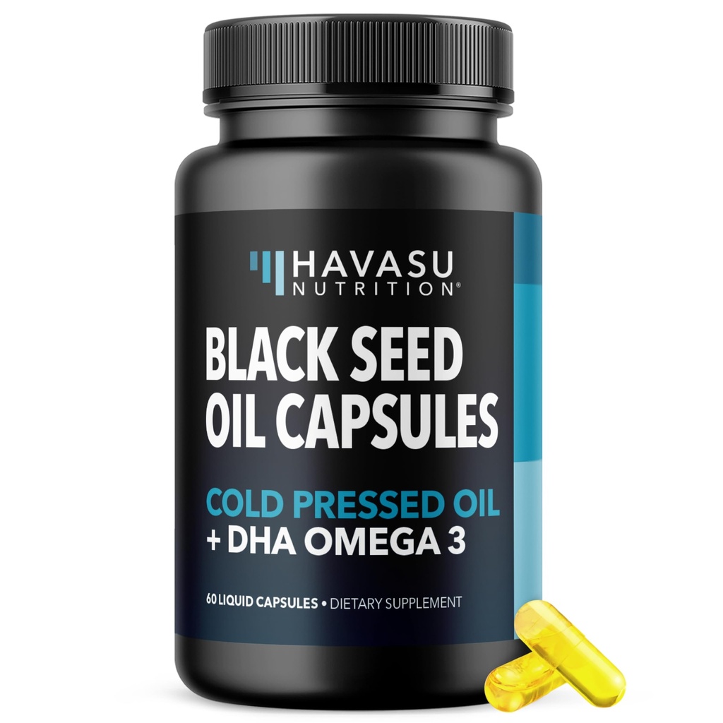 Black Seed Oil with DHA Supplement for Brain Health and Cognition - Cold Pressed Black Cumin Seed Oil and DHA Omega 3-60 Liquid Capsules, Unflavored, Vegan, Non-GMO, and Gluten-Free - 1 Month Supply