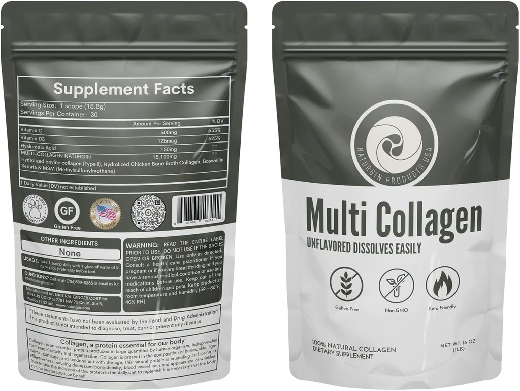 Hydrolized Collagen Powder Type I and II. Vanilla Flavored 482g with Hyaluronic Acid, MSM, Vitamin D3 & Boswellia Serrata for Women & Men