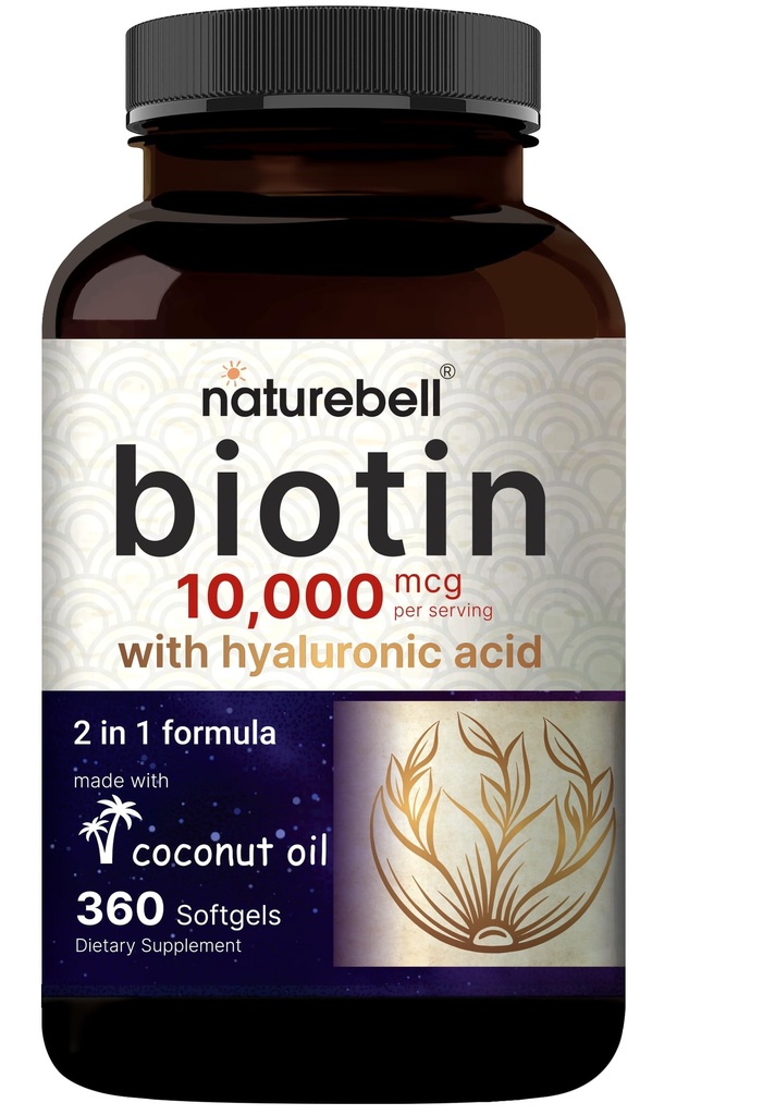 NatureBell Biotin 10000mcg + Hyaluronic Acid 25mg | 360 Coconut Oil Softgels, Premium Biotin Supplement for Hair Skin and Nails*
