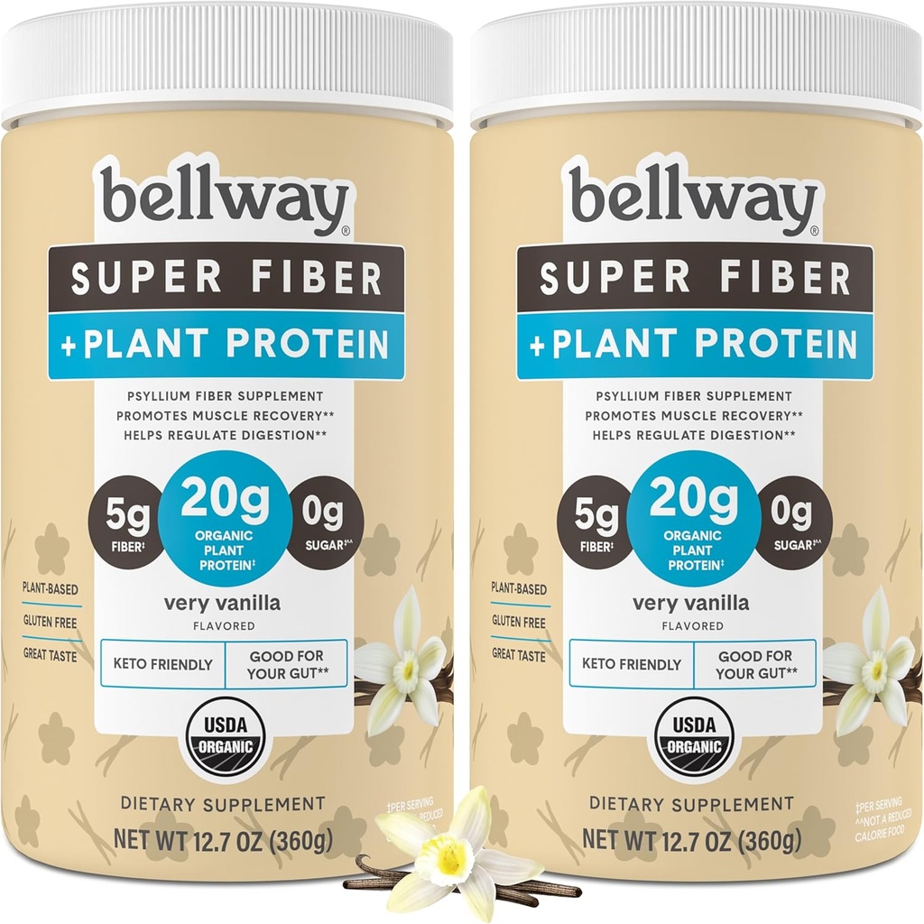 Bellway Super Fiber + Protein Powder (2 Pack), Sugar-Free Organic Psyllium Husk Fiber Supplement Powder with 20g Plant Protein Per Serving, Very Vanilla, 24.14 oz