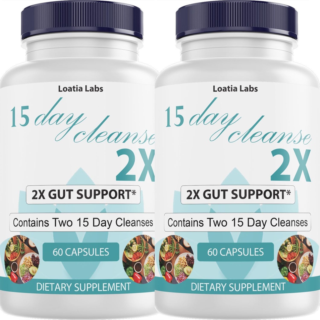 15 Day Cleanse 2X - Double Gut & Colon Support - Advanced Gut Cleanse Detox for Women & Men with Alfalfa, Cascara Sagrada, Probiotics & Psyllium Husk - Non-GMO - Made in USA - 60 Capsules (2 Bottles)