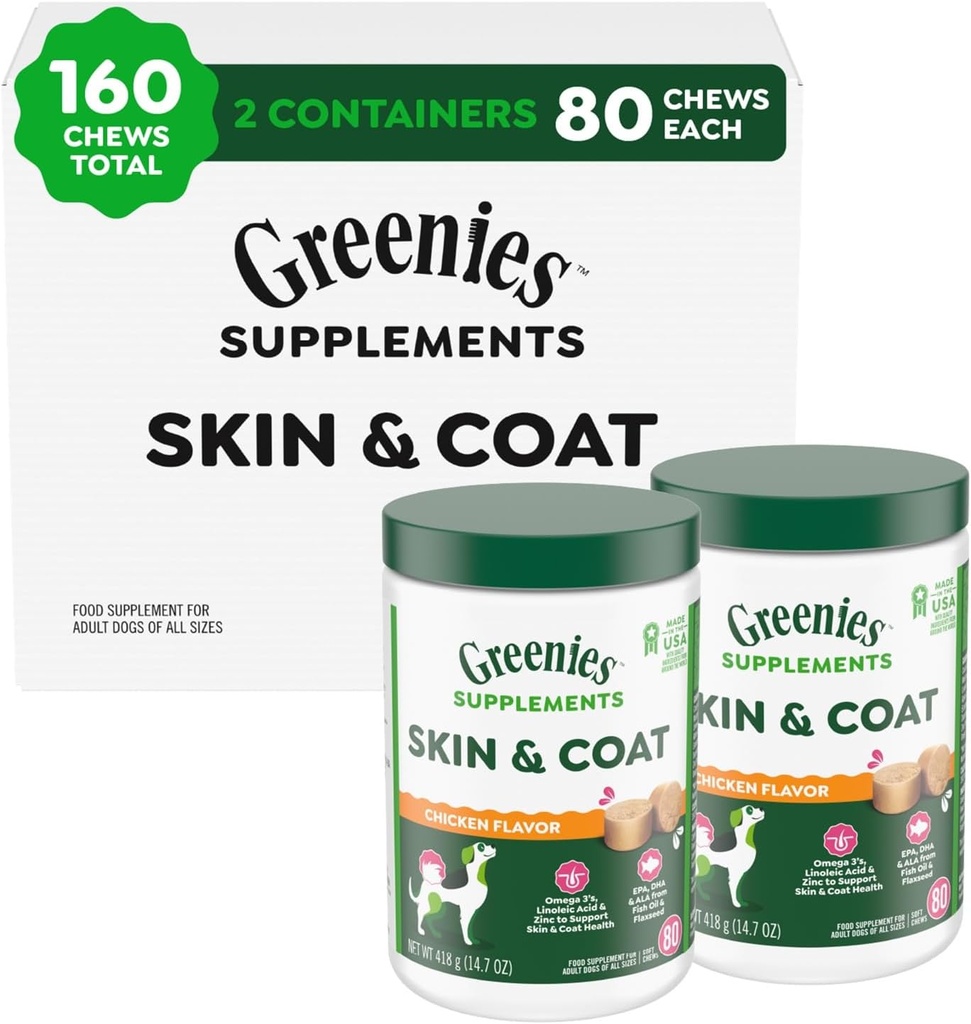 Greenies Supplements Dog Skin and Coat Supplements with Fish Oil & Omega 3 Fatty Acids, Chicken Flavor, 80-Count Tub, Pack of 2