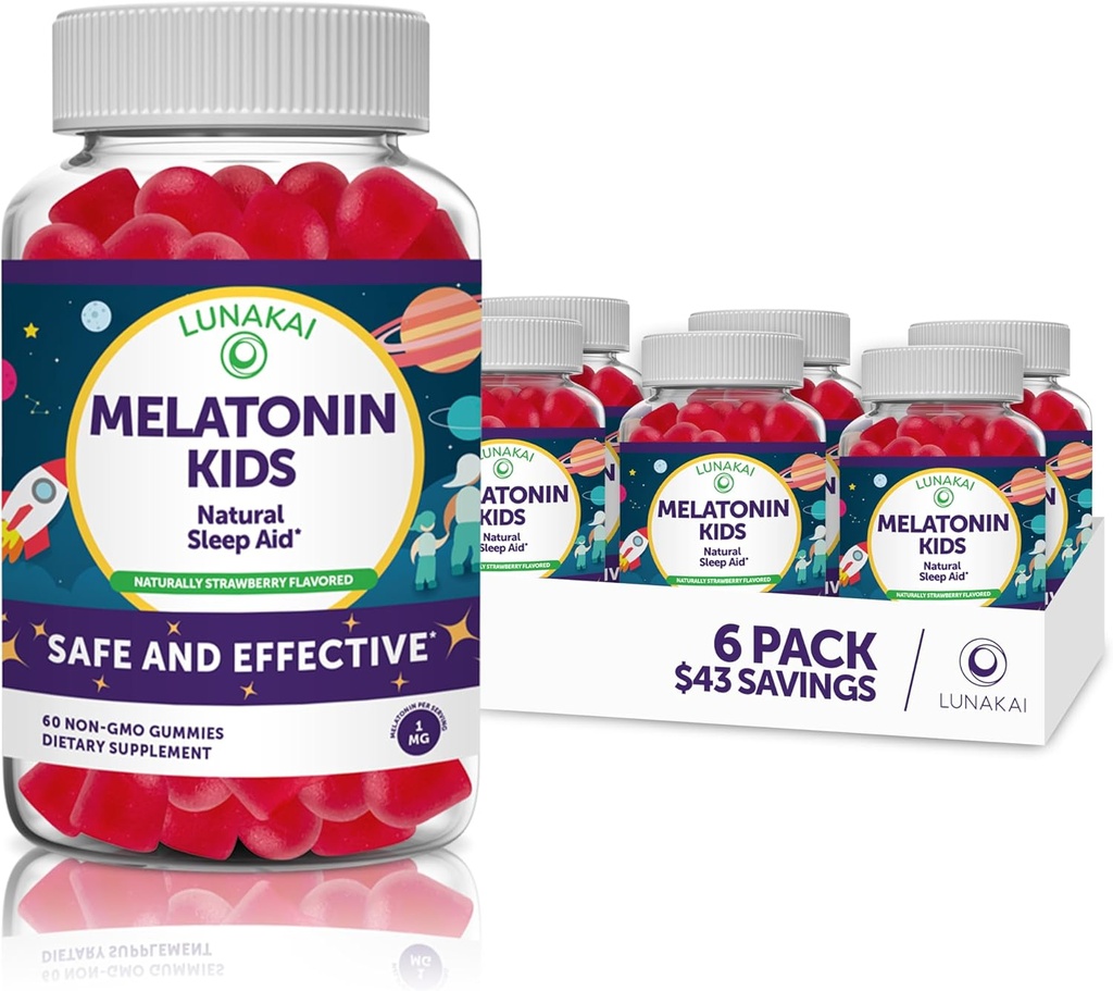 Lunakai Kids Melatonin Gummies 1mg - Tastiest Proprietary Formula - Non-GMO, Vegan, Gluten Free Chewable Low Dose Supplement for Kids - Natural Sleep Gummy for Children 2 Year Old+ - (6 Pack)