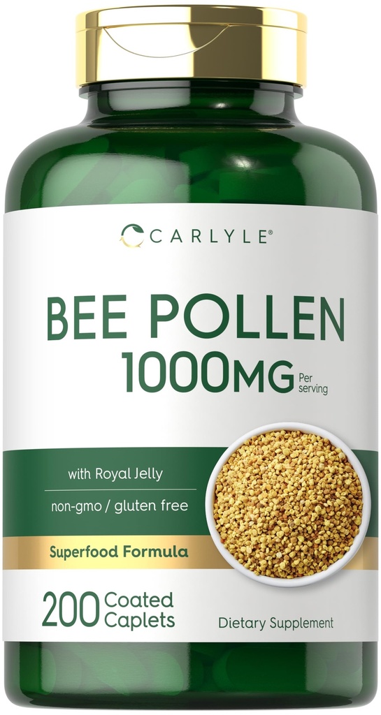 Carlyle Bee Pollen Supplement | 1000mg | 200 Caplets | with Royal Jelly and Bee Propolis | for Men and Women | Vegetarian, Non-GMO, Gluten Free