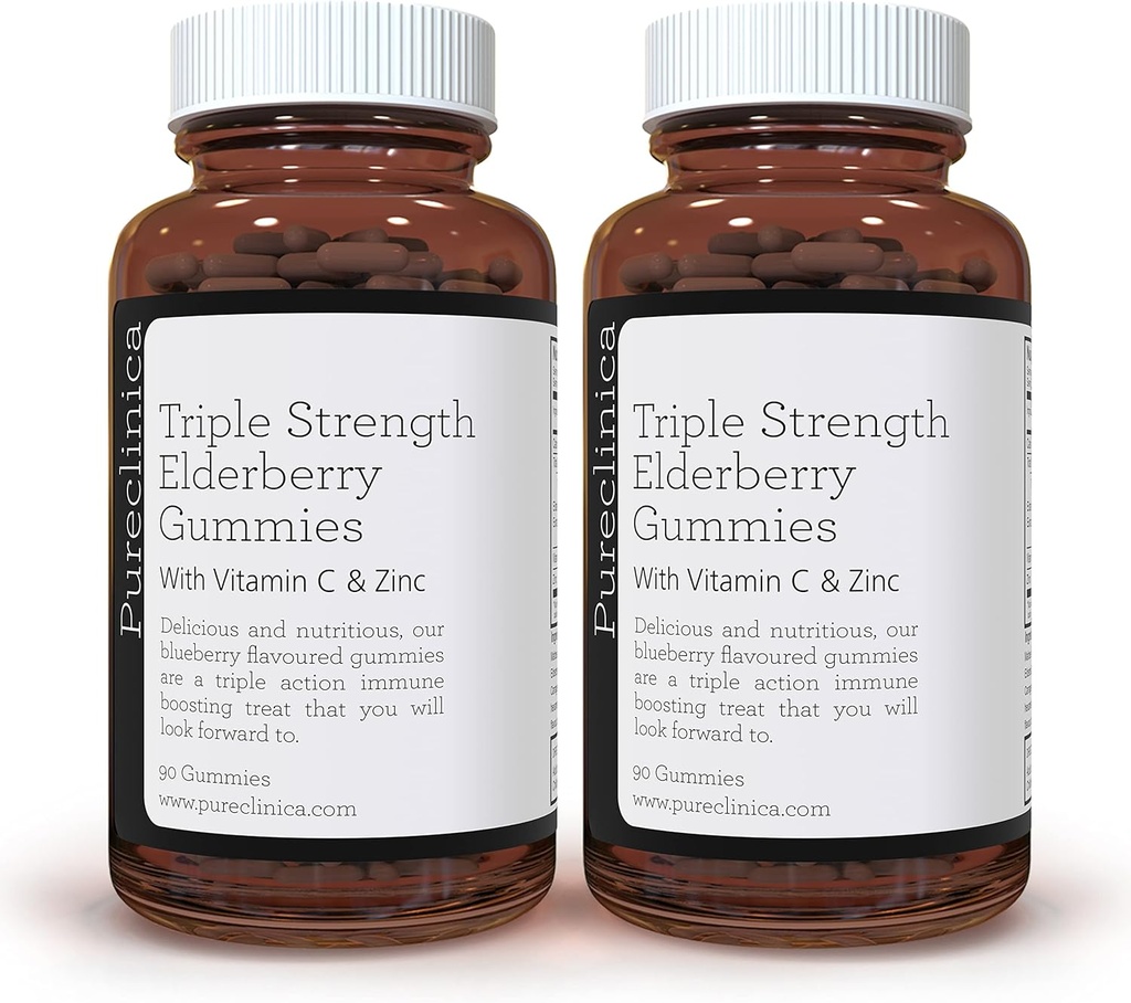 pureclinica Triple Strength Immune Support - Elderberry Gummies with Vitamin C & Zinc x 180 Gummies (2 Bottles of 90) – up to 6-Months Supply!