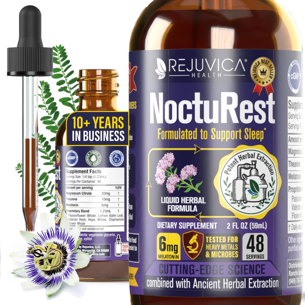Rejuvica Health NoctuRest Liquid Melatonin Drops for Adults – Natural Sleep Aid with Magnesium, L-Theanine & Valerian Root – Nighttime Sleep Support for Calm & Rest - 2X Absorption Drops - 2 Fl Oz