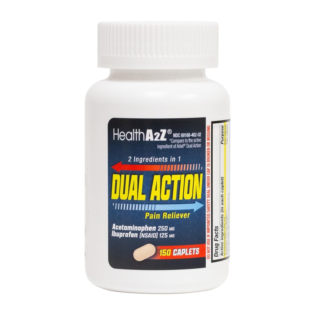 HealthA2Z® Dual Action Pain Relief | Acetaminophen 250mg & Ibuprofen (NSAID) 125mg | Contains Two Medicines | Relief from Headache, Fever & Backache (150 Caplets)