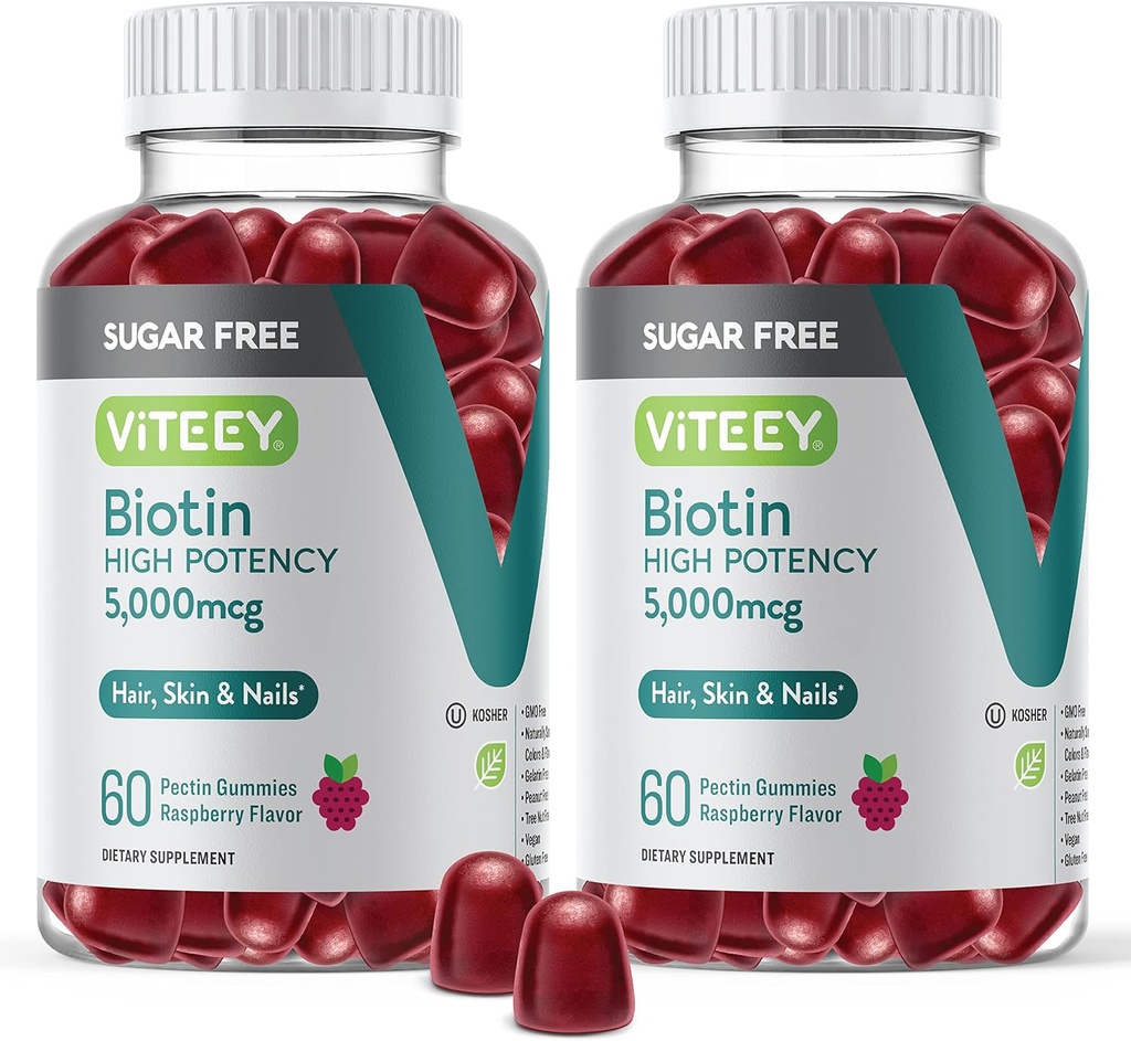 VITEEY Biotin Gummies for Hair, Skin, and Nails 5,000mcg - Sugar Free - Hair Growth Gummies, Healthy Skin Glow, Strong Healthy Nail Growth - Vegan, Gluten Free, Gelatin Free- Chewable Raspberry Flavor