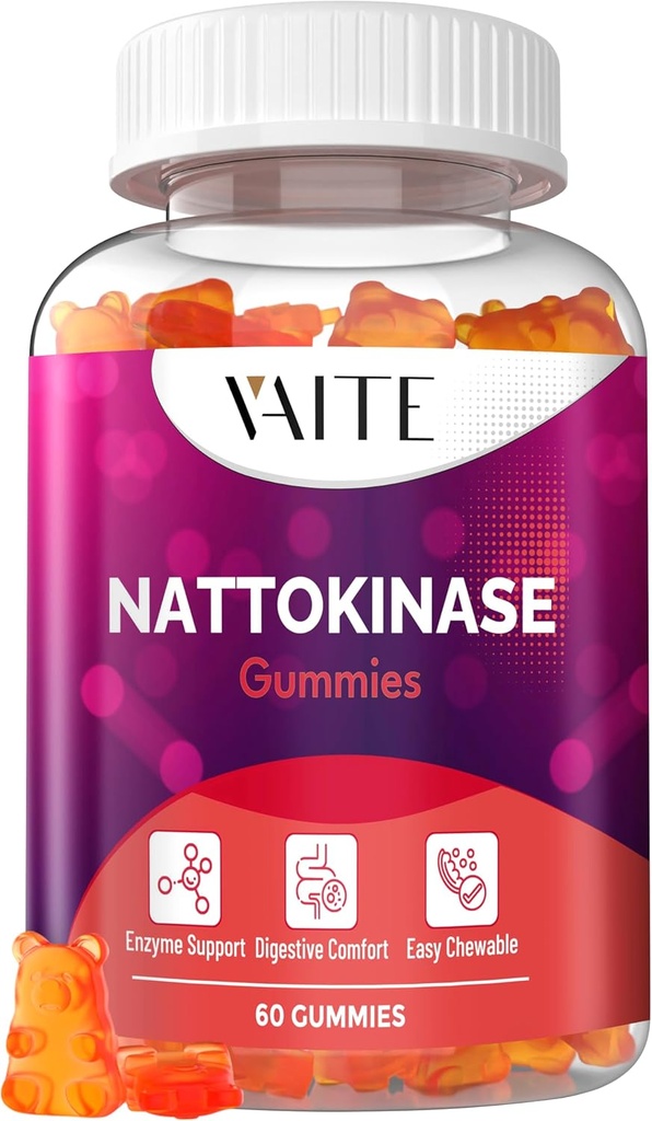 VAITE Nattokinase Supplement 2000 FU (Fibrinolytic Units) 100mg - Enzyme Supplement, Vegan Formula, Supports Health, Double Strength, Non-GMO, Soy Free, Gluten Free, 60 Vegetarian Gummies