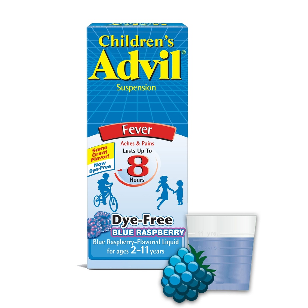 Children’s Advil Suspension (4 fl. oz, Blue Raspberry-Flavored), 100mg Ibuprofen Fever Reducer/Pain Reliever, Liquid Pain Medicine, Ages 2 –11