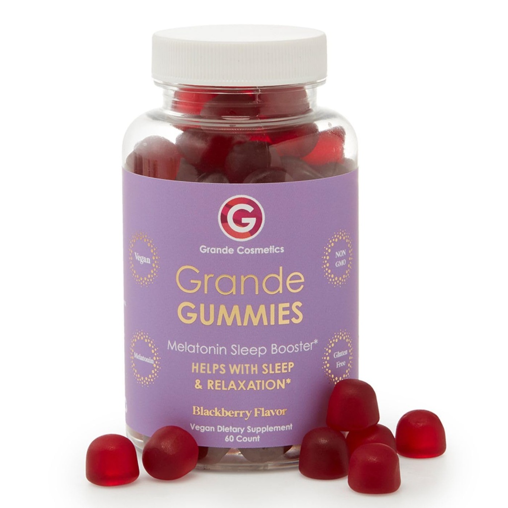 Grande Cosmetics Vegan Melatonin Sleep Aid Gummies for Adults with 5mg Melatonin - Gluten Free, Non GMO - 2 Month Supply, 60 Tablets, Blackberry Flavor