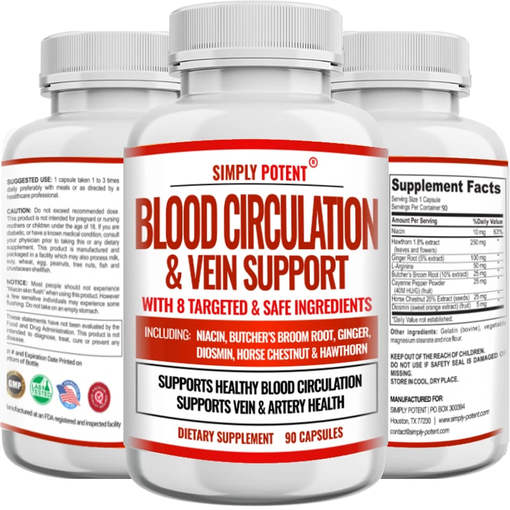 Simply Potent Blood Circulation & Vein Support Supplement, 90 Caps, Helps with Spider and Varicose Veins, Supports Vessels, Leg and Cardiovascular Health with Niacin, Ginger, Cayenne Pepper